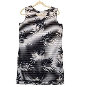 Denim & Company Navy White Striped Palm Leaf V-Neck Shift Dress Womens Medium